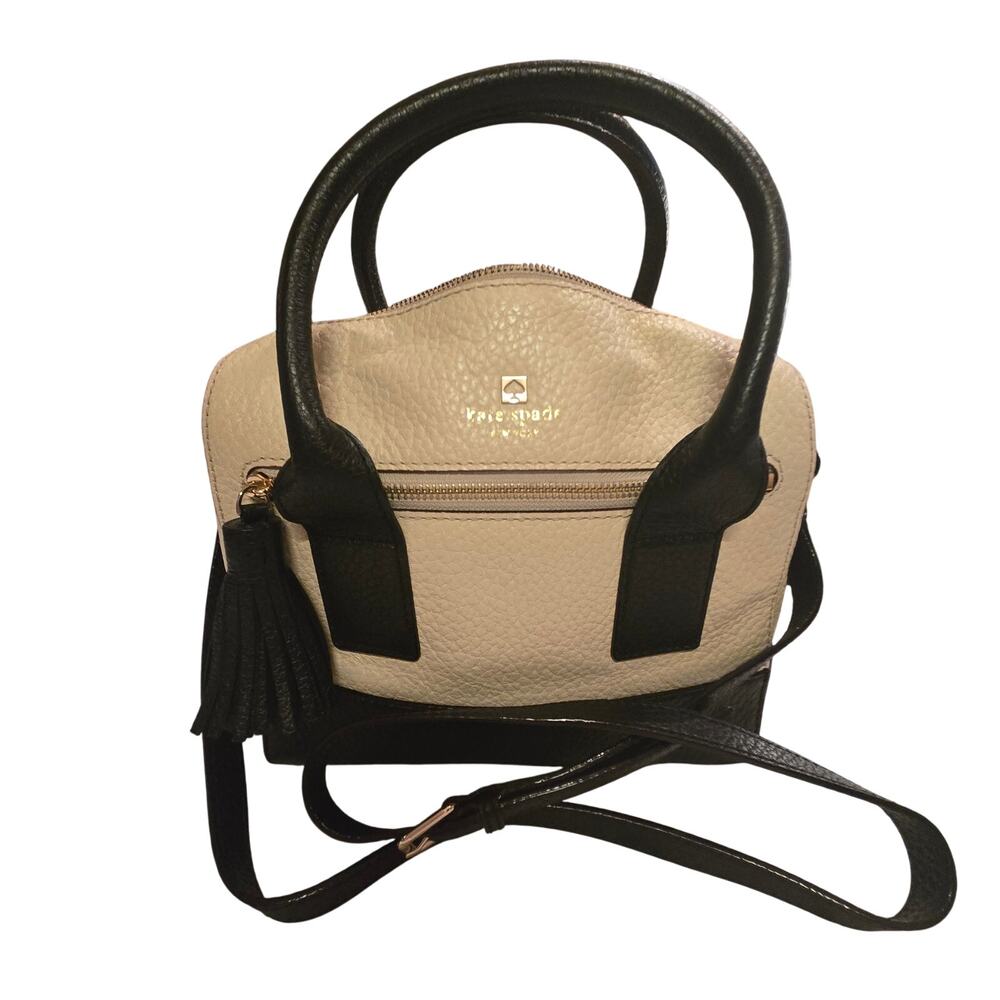 Kate Spade Southport Ave Alessa Satchel/Cross Body Beige Black Pebbled Leather - Picture 2 of 15